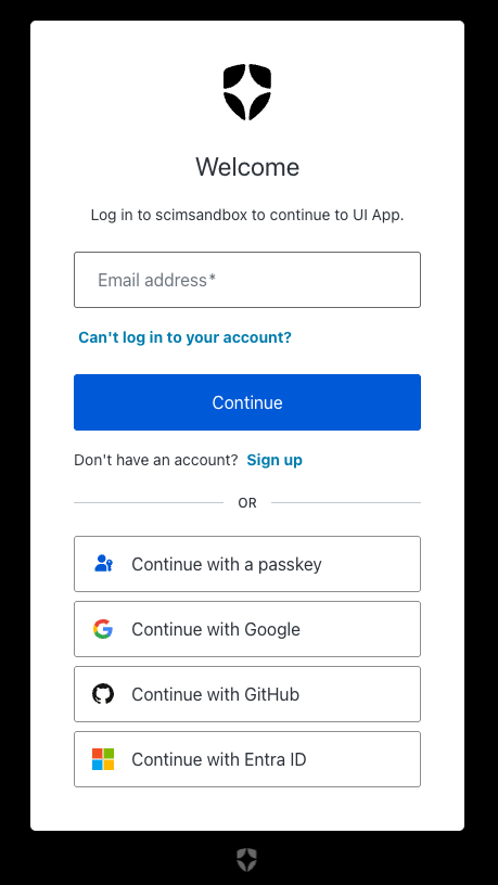 Login screen for the SCIM Playground showing the email input and sign-in options.