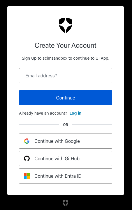 Account creation screen for the SCIM Playground showing email signup and identity provider options.
