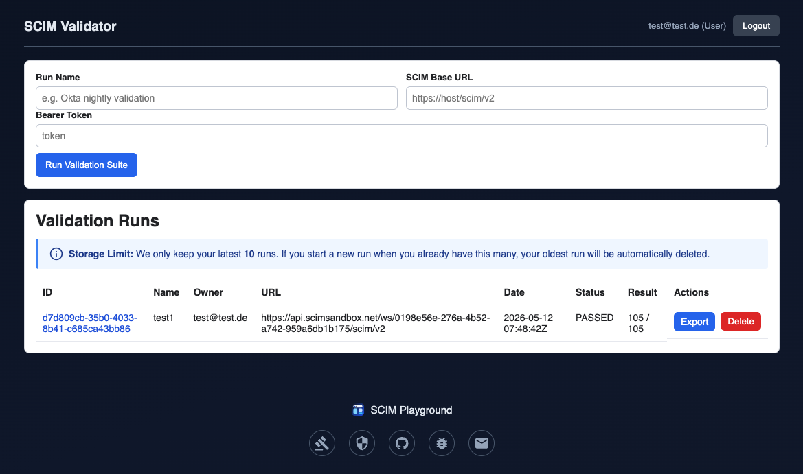 Validator UI with a form for a SCIM base URL and a validation runs table showing a successful result.